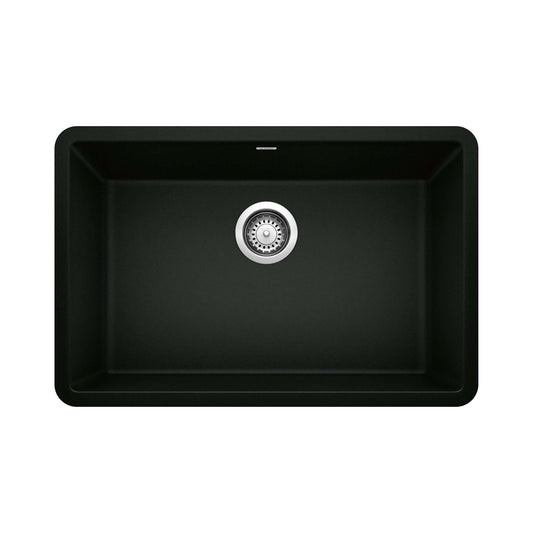 BLANCO PRECIS 27" SILGRANIT Single Bowl Undermount Sink in black finish with polished drain.