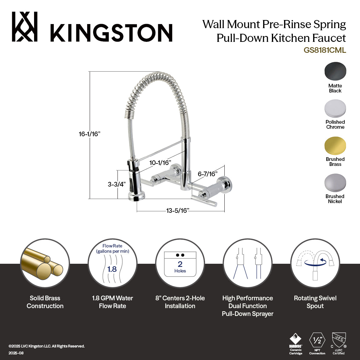 Kingston Brass GS8187CML Manhattan Double-Handle Wall-Mount Pre-Rinse Bridge Kitchen Faucet, Brushed Brass diagram and specifications