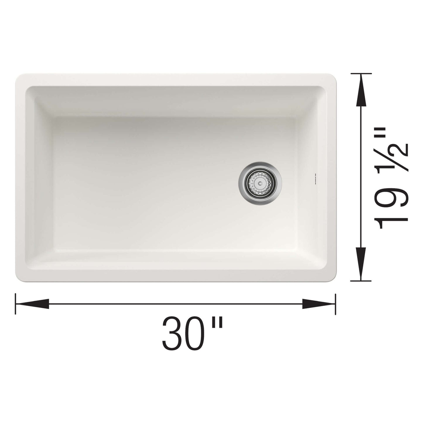 BLANCO Inteos SILGRANIT 30" Single Bowl Reversible Undermount Workstation Kitchen Sink showing dimensions 30" x 19½".