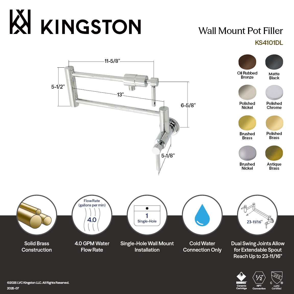 Kingston Brass KS4103DL Concord Wall Mount Pot Filler Faucet, Antique Brass dimensions and features infographic.