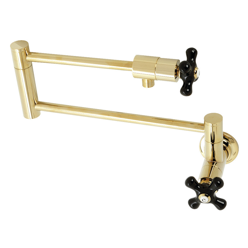 Kingston Brass KS4102PKX Duchess Wall Mount Pot Filler Faucet, Polished Brass with black porcelain handles.