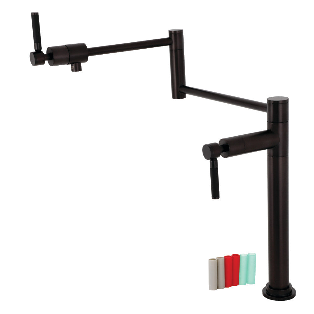 Kingston Brass KS4703DKL Kaiser Deck Mount Pot Filler Faucet, Antique Brass with ergonomic design and colored handles.