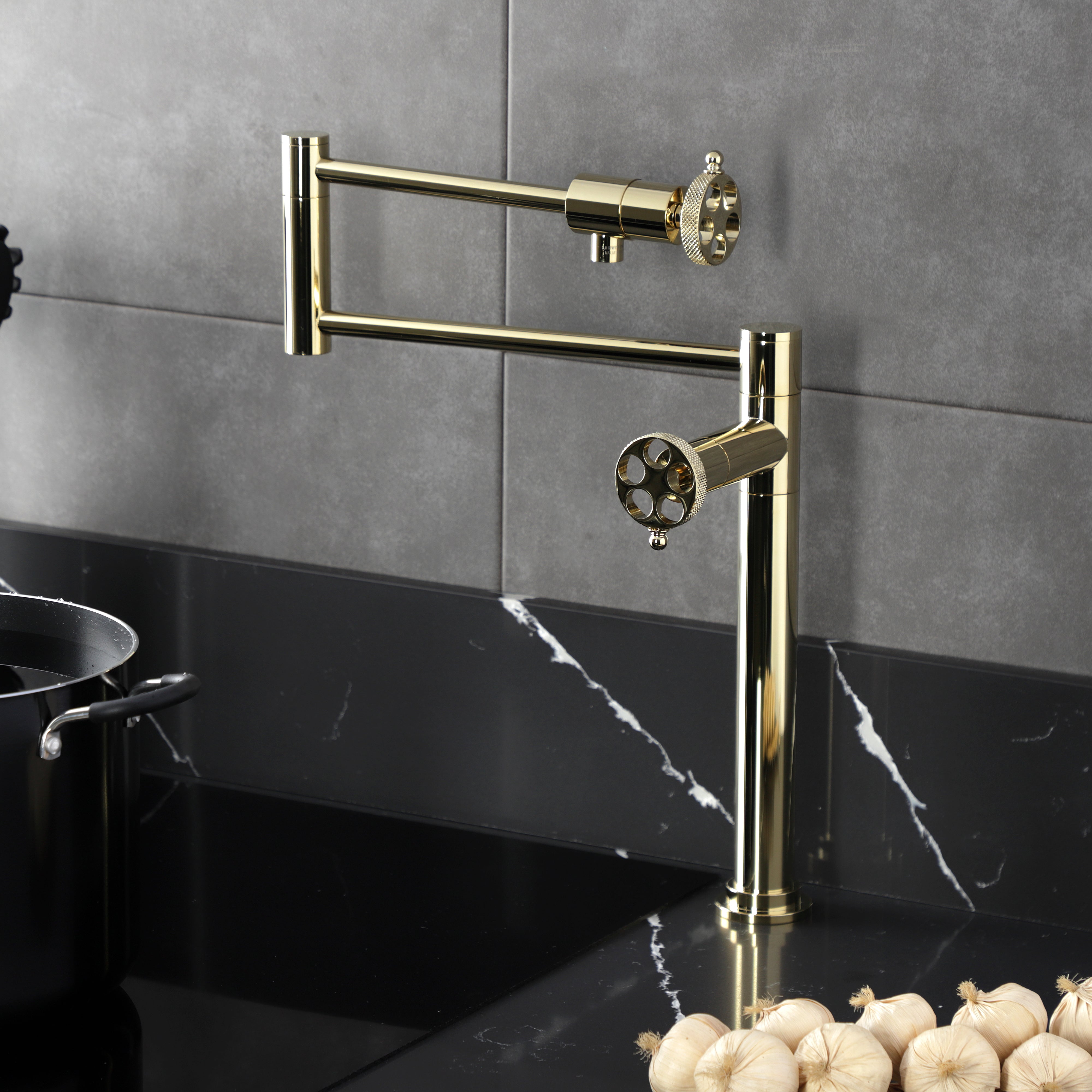 Kingston Brass KS4703RKX Webb Deck Mount Pot Filler Faucet with Knurled Handle, Antique Brass on kitchen countertop
