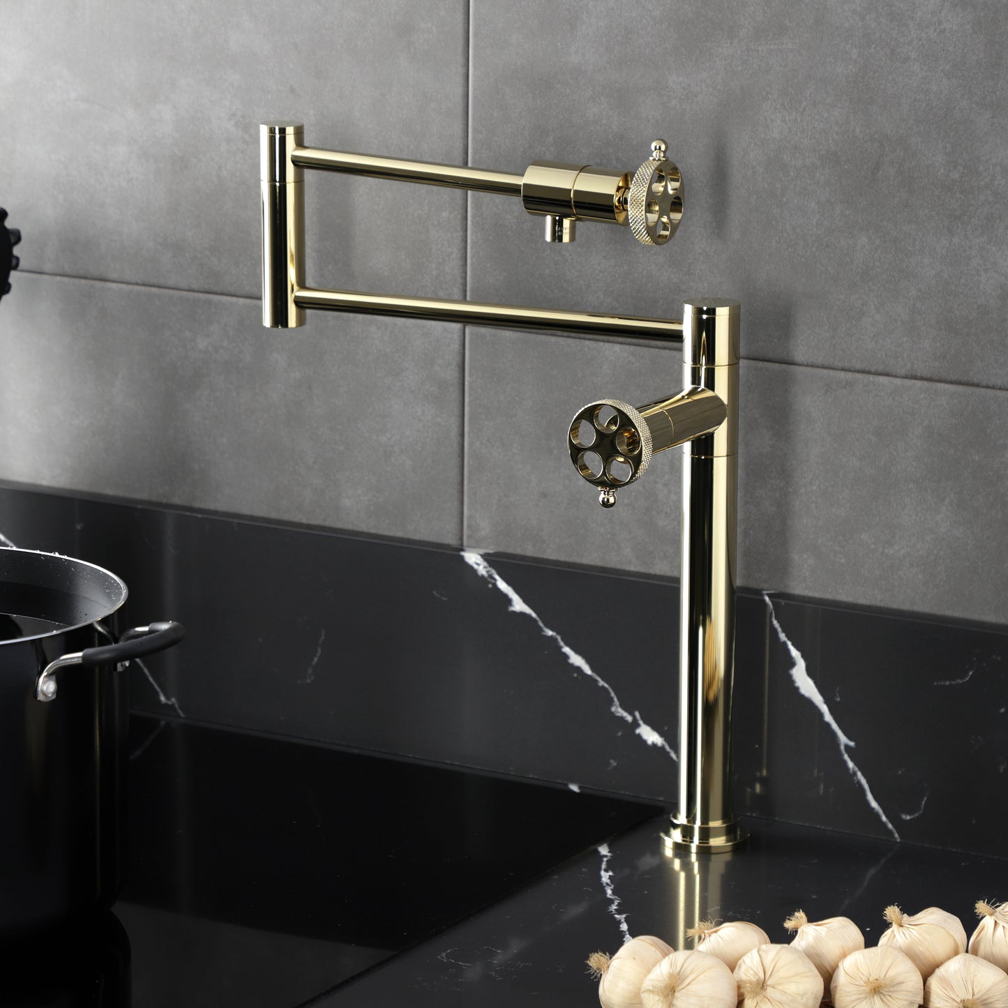 Kingston Brass KS4703RKX Webb Deck Mount Pot Filler Faucet with Knurled Handle, Antique Brass on kitchen countertop