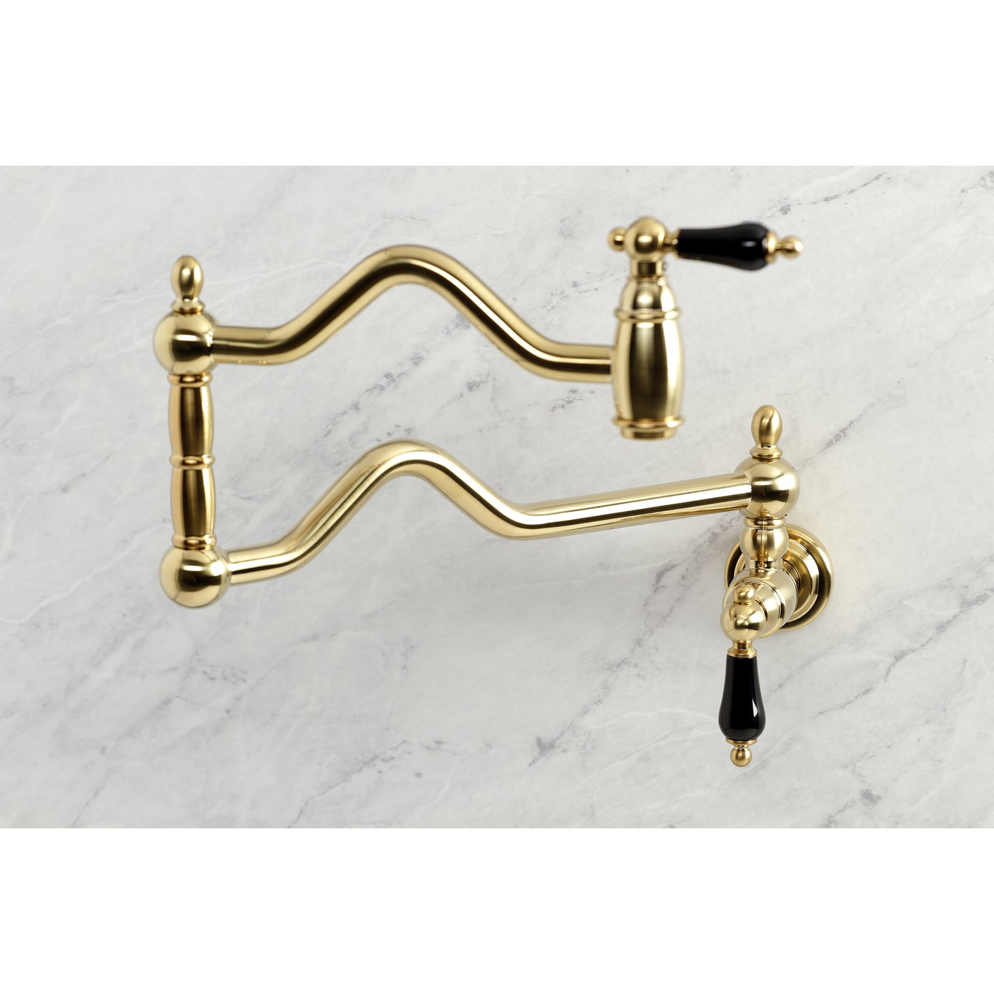 Kingston Brass KS2107PKL Duchess Wall Mount Pot Filler Faucet, Brushed Brass on marble surface