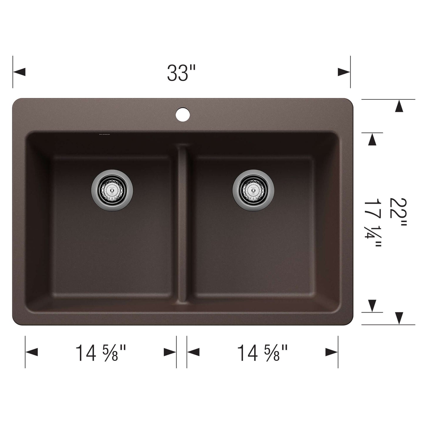 BLANCO Liven SILGRANIT 33" 50/50 Double Bowl Dual Mount Kitchen Sink with Low Divide top view dimensions