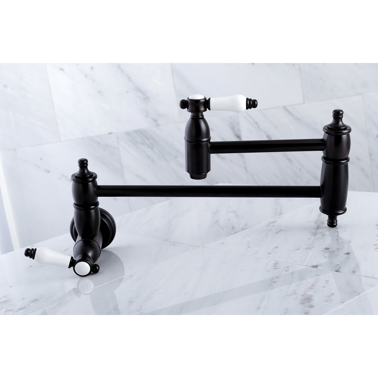 Kingston Brass KS3103BPL Bel-Air Wall Mount Pot Filler Faucet, Antique Brass with white porcelain levers.