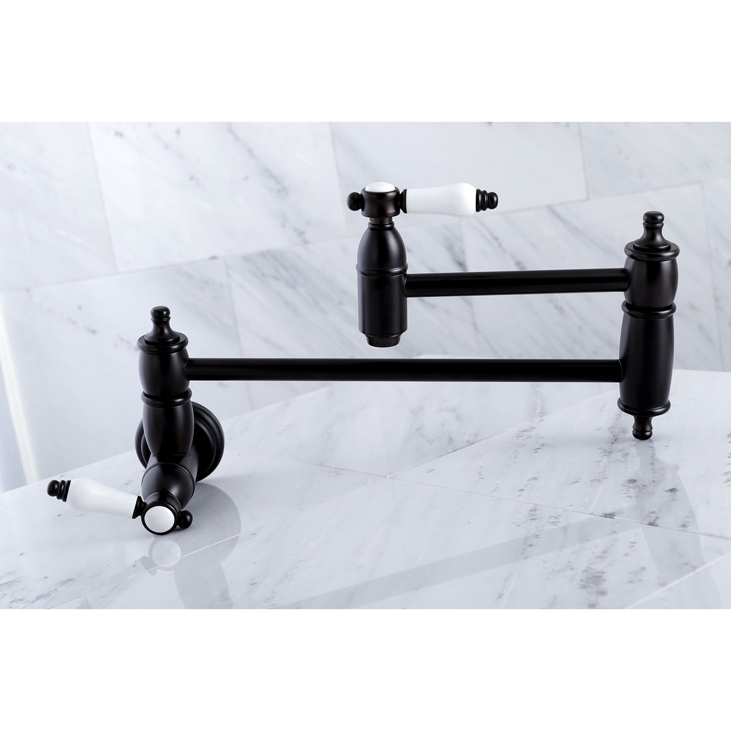 Kingston Brass KS3103BPL Bel-Air Wall Mount Pot Filler Faucet, Antique Brass with white porcelain levers.