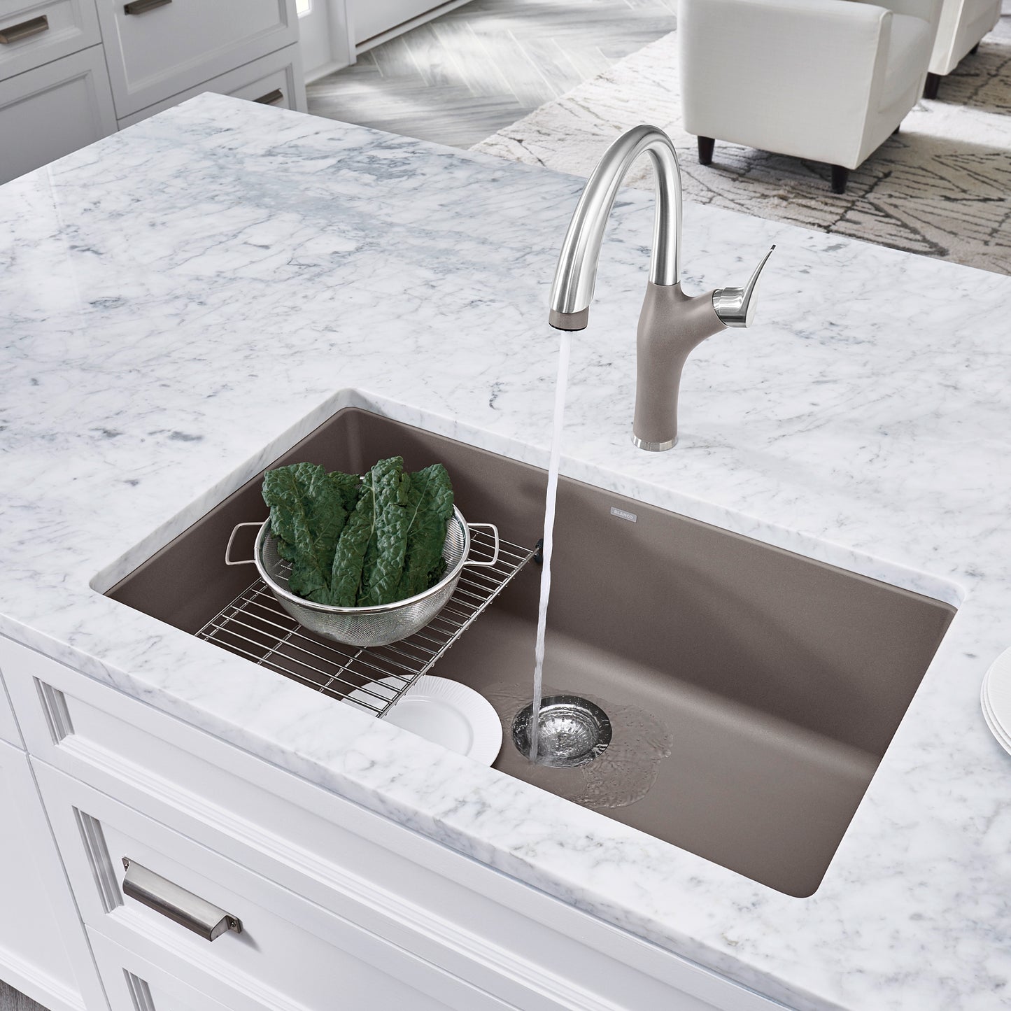 BLANCO Precis SILGRANIT 30" Single Bowl Undermount Kitchen Sink with fresh vegetables and modern faucet in elegant kitchen.