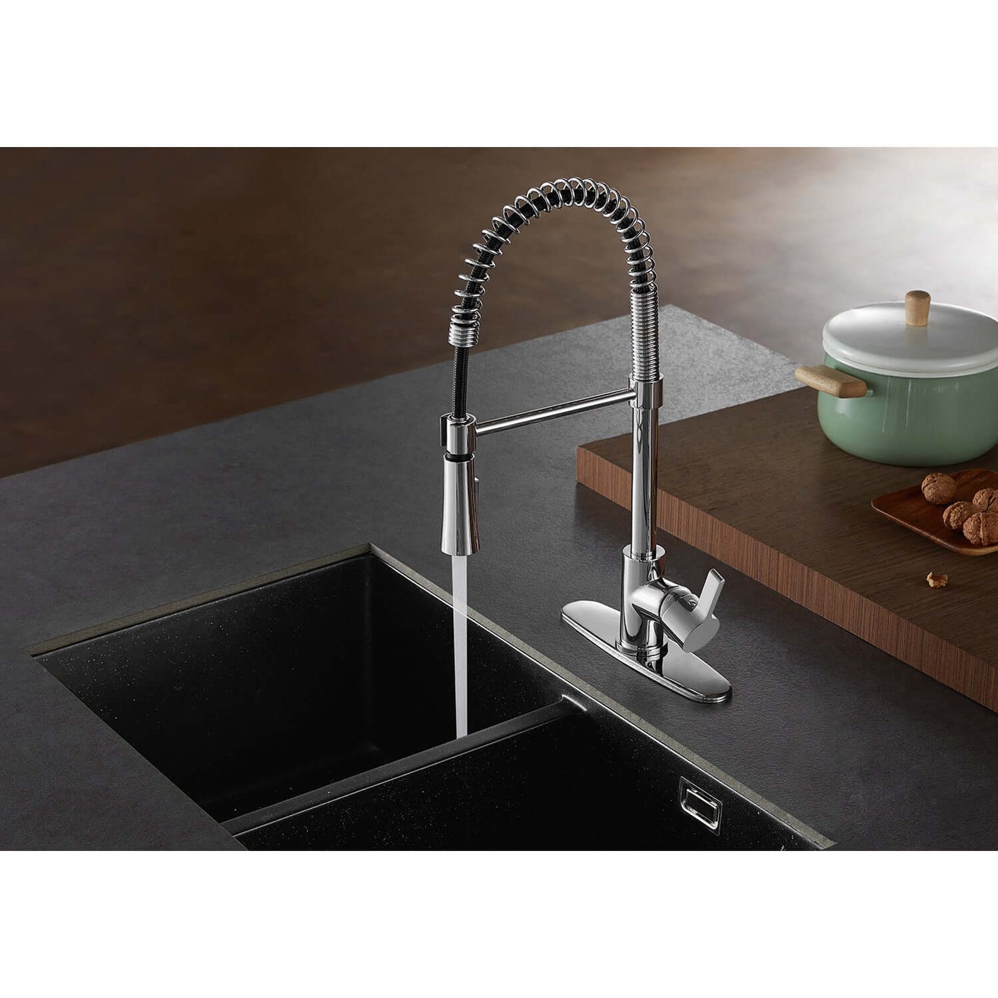 Gourmetier LS8678CTL Continental Single-Handle Deck-Mount Pre-Rinse Kitchen Faucet, Brushed Nickel right side view pouring water