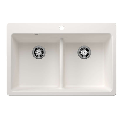 BLANCO Liven SILGRANIT 33" 50/50 Double Bowl Dual Mount Kitchen Sink with Low Divide in a clean design.