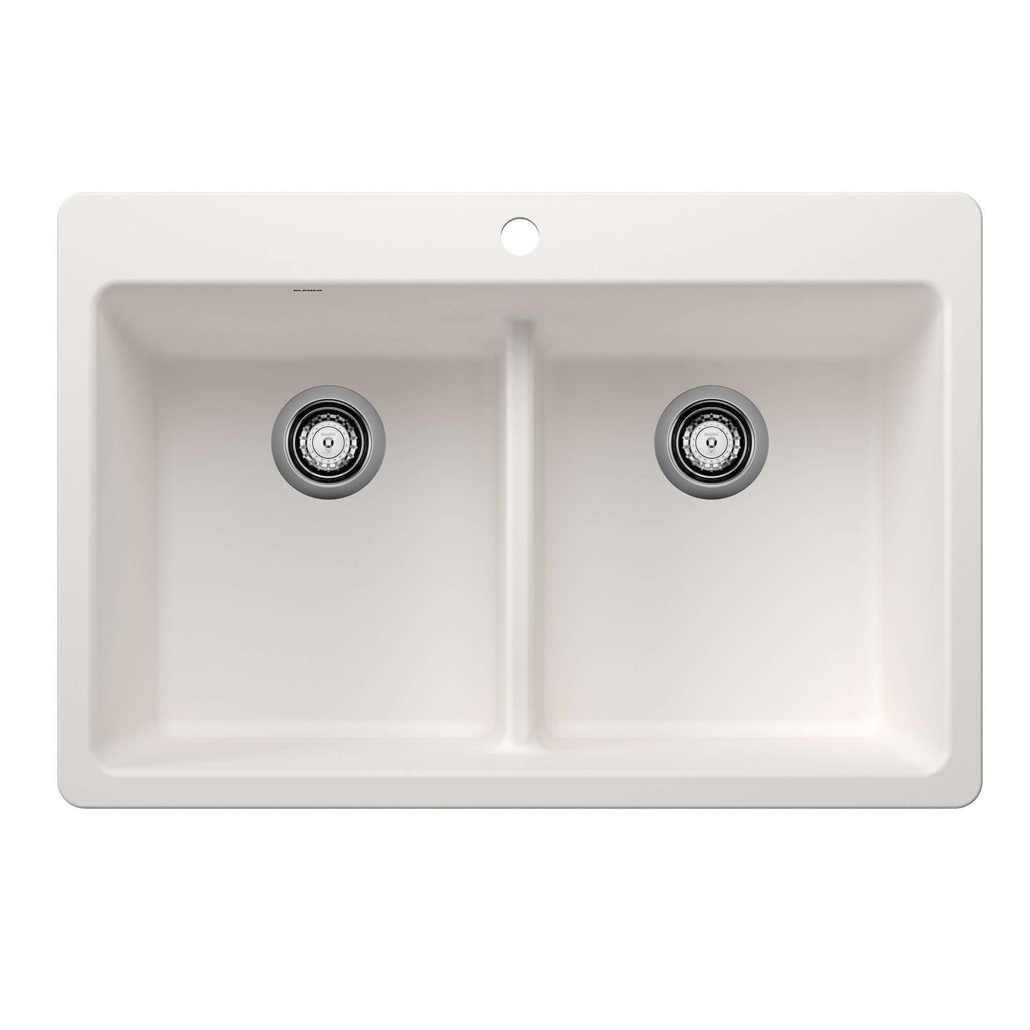 BLANCO Liven SILGRANIT 33" 50/50 Double Bowl Dual Mount Kitchen Sink with Low Divide in a clean design.