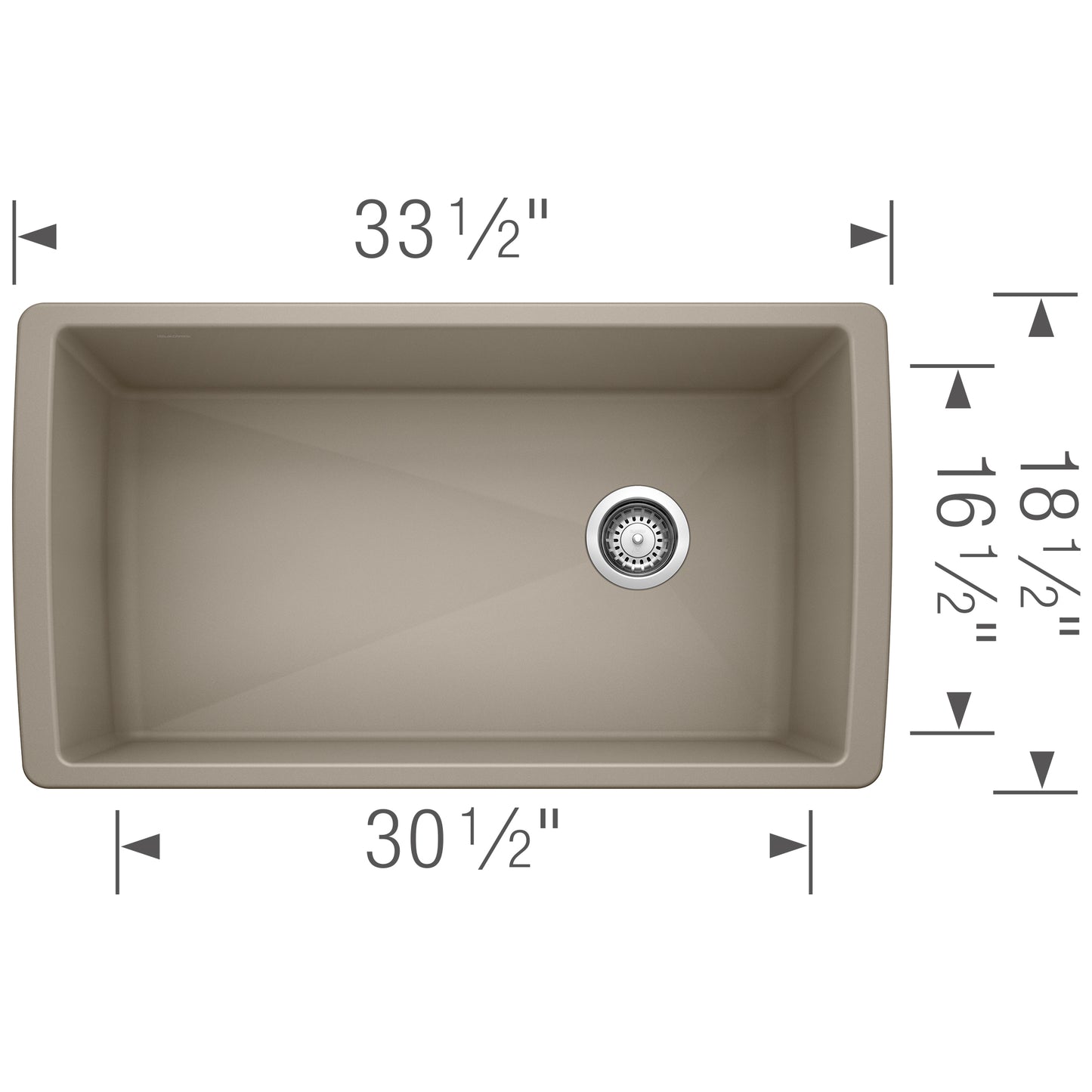 BLANCO Diamond SILGRANIT 33" Super Single Undermount Kitchen Sink dimensions diagram showing 33.5" by 30.5" size.