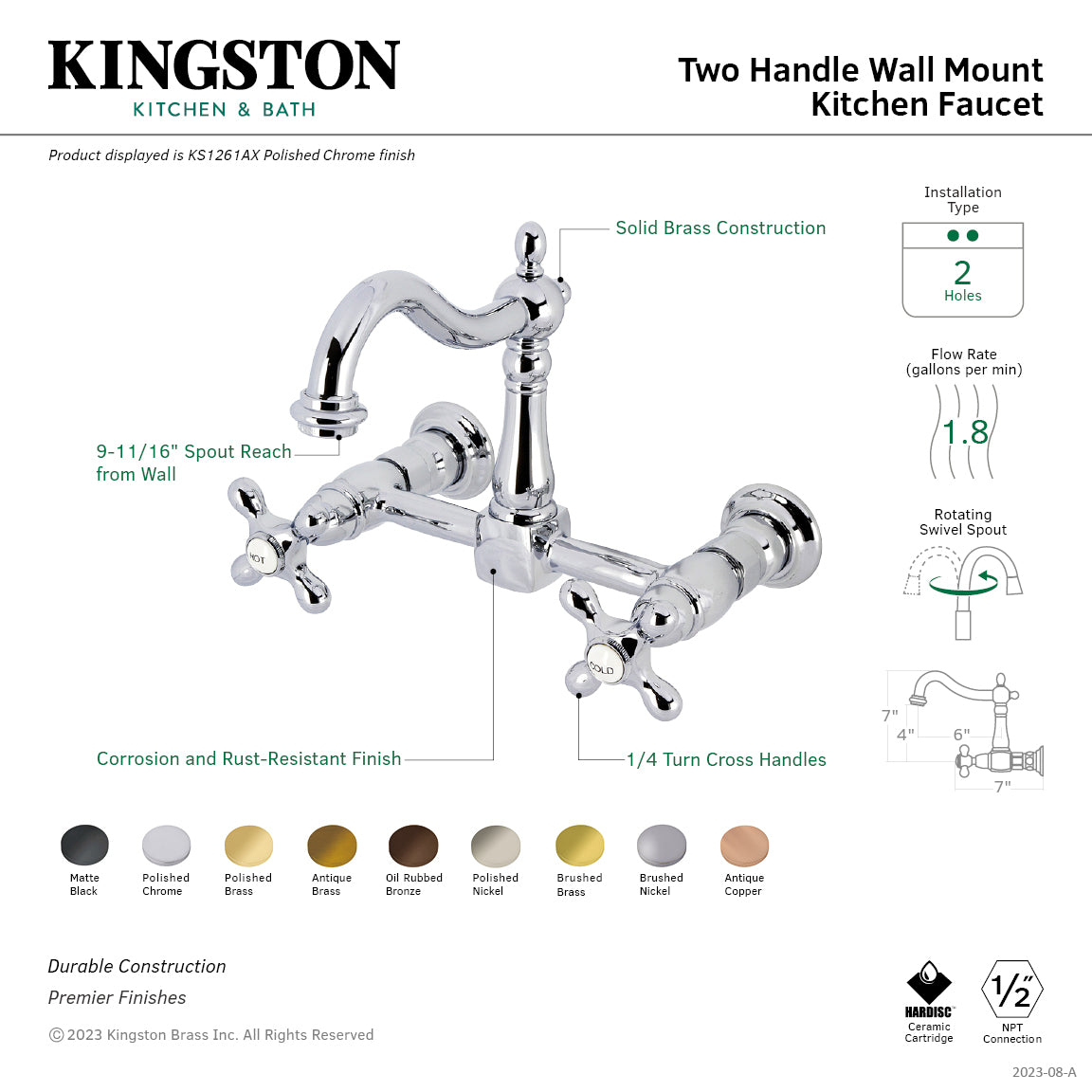 Kingston KS1263AX Heritage Two-Handle Wall Mount Bridge Kitchen Faucet, Antique Brass