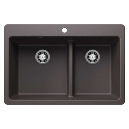 BLANCO Liven SILGRANIT 33" 60/40 Double Bowl Dual Mount Kitchen Sink with Low Divide top view.