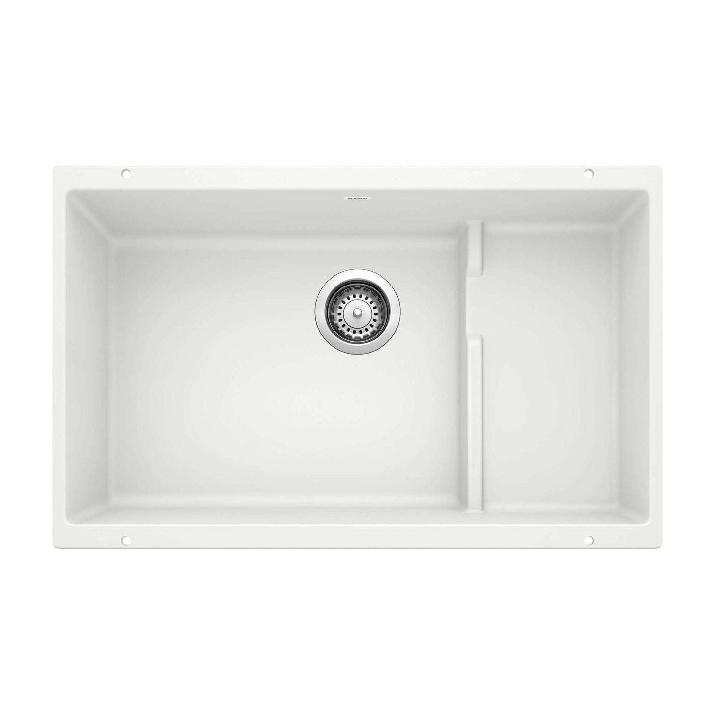 BLANCO Precis Cascade SILGRANIT 29" Single Bowl Undermount Kitchen Sink with Colander in white color.