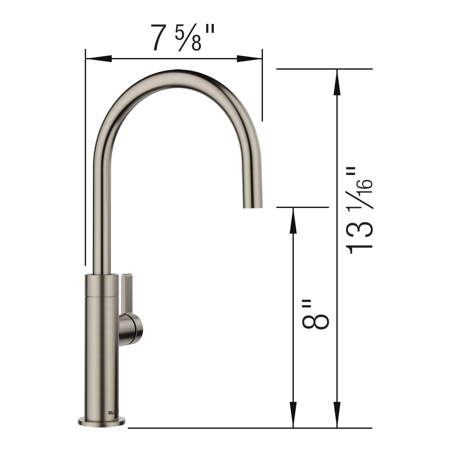 BLANCO Culina II High Arc Beverage Faucet Compatible with Reverse Osmosis Systems side view with dimensions