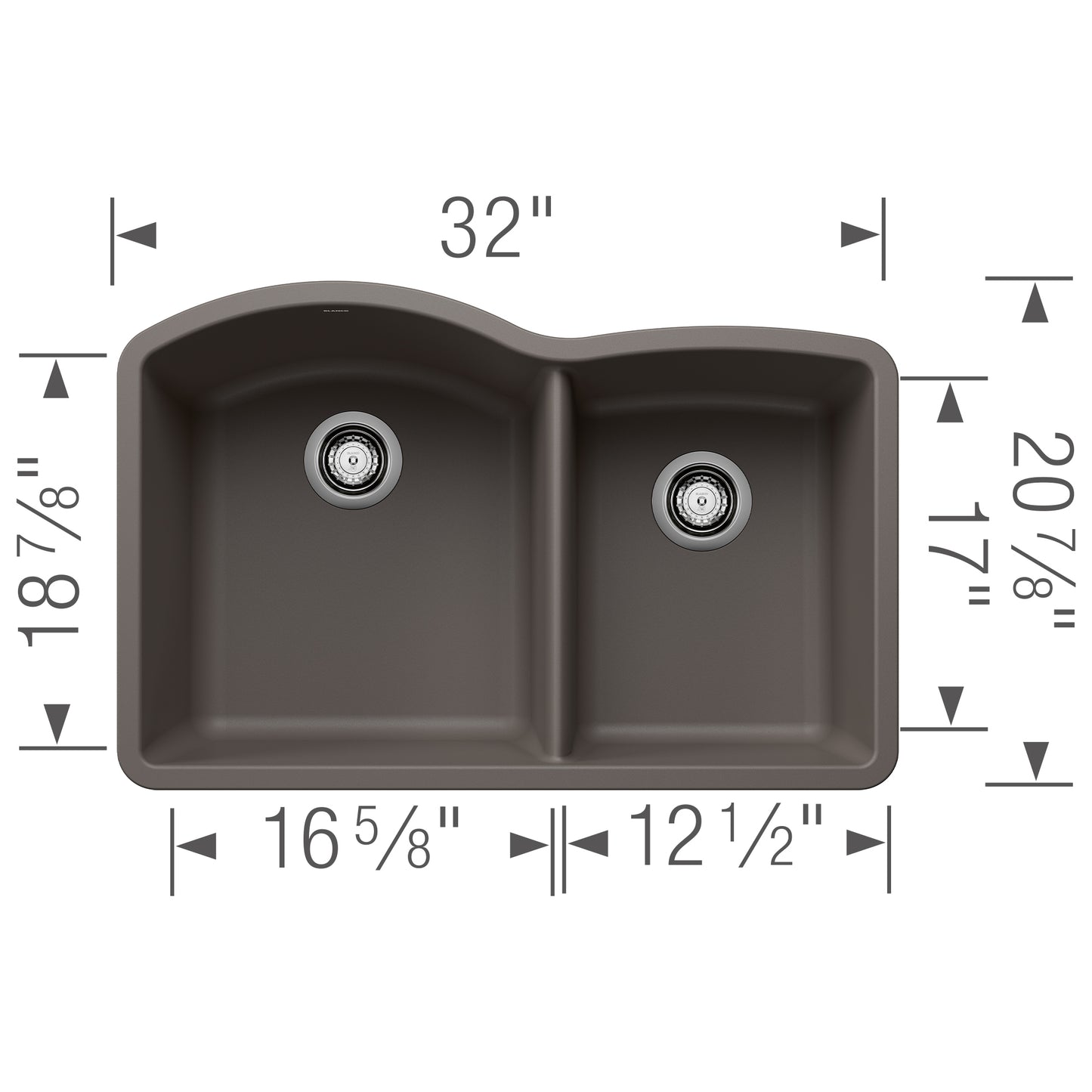 BLANCO Diamond SILGRANIT 32" 60/40 Double Bowl Undermount Kitchen Sink with dimensions.
