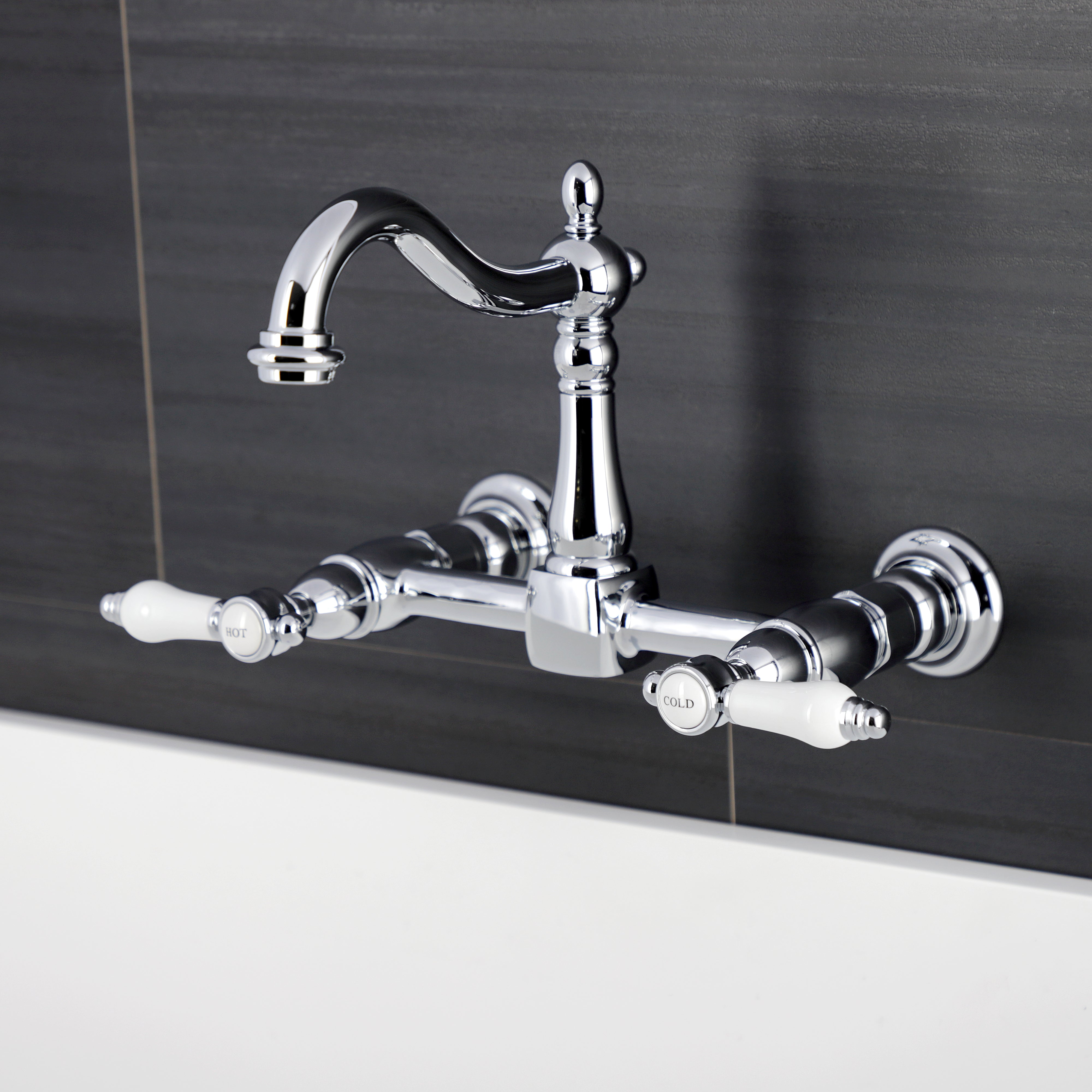 Kingston KS1263BPL Bel-Air Two-Handle Wall Mount Bridge Kitchen Faucet, Antique Brass