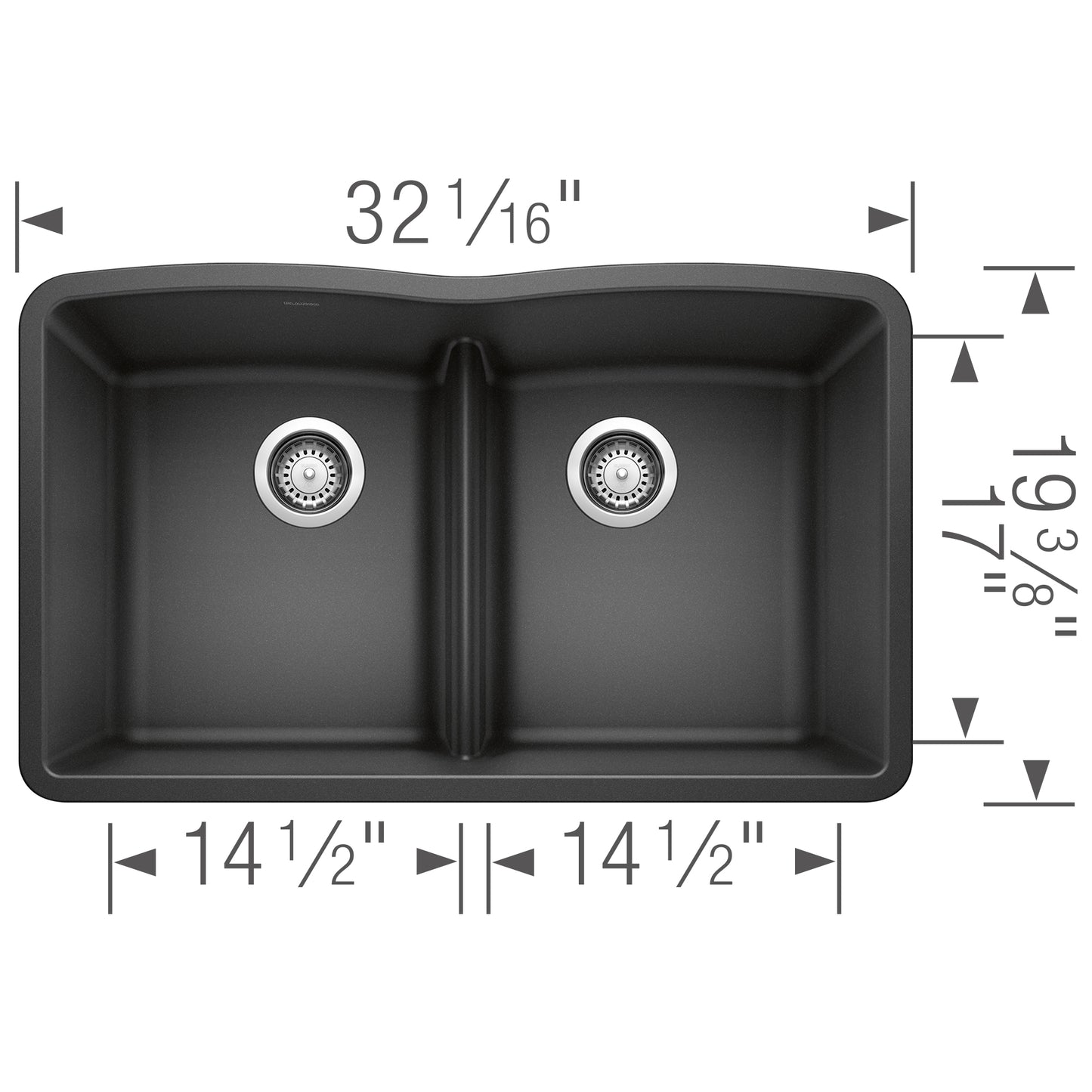 BLANCO Diamond SILGRANIT 32" 50/50 Double Bowl Undermount Kitchen Sink with Low Divide dimensions and layout