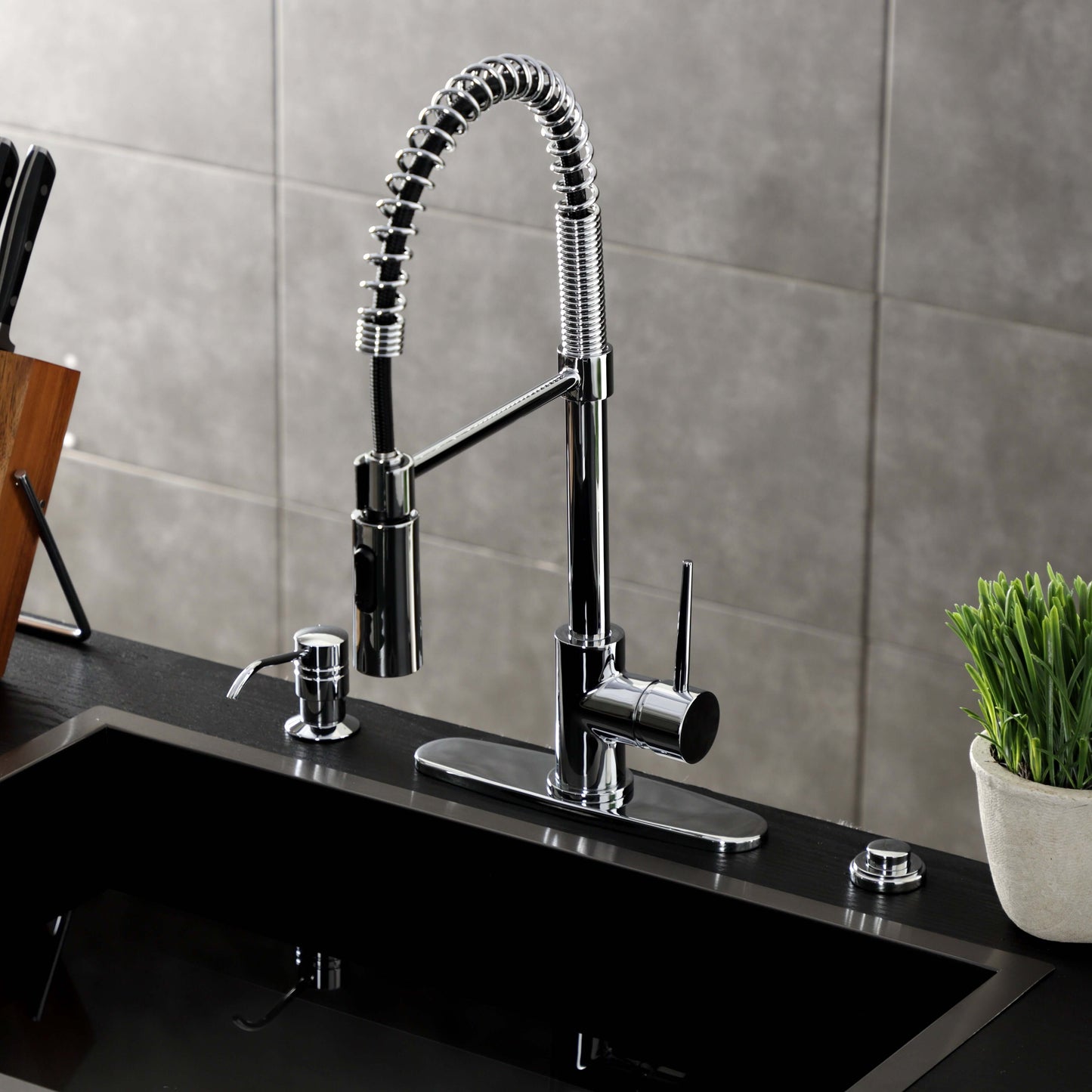 Kingston Brass LS8778NYL New York Pre-Rinse Kitchen Faucet top view showcasing the high-arching spout and single handle design.