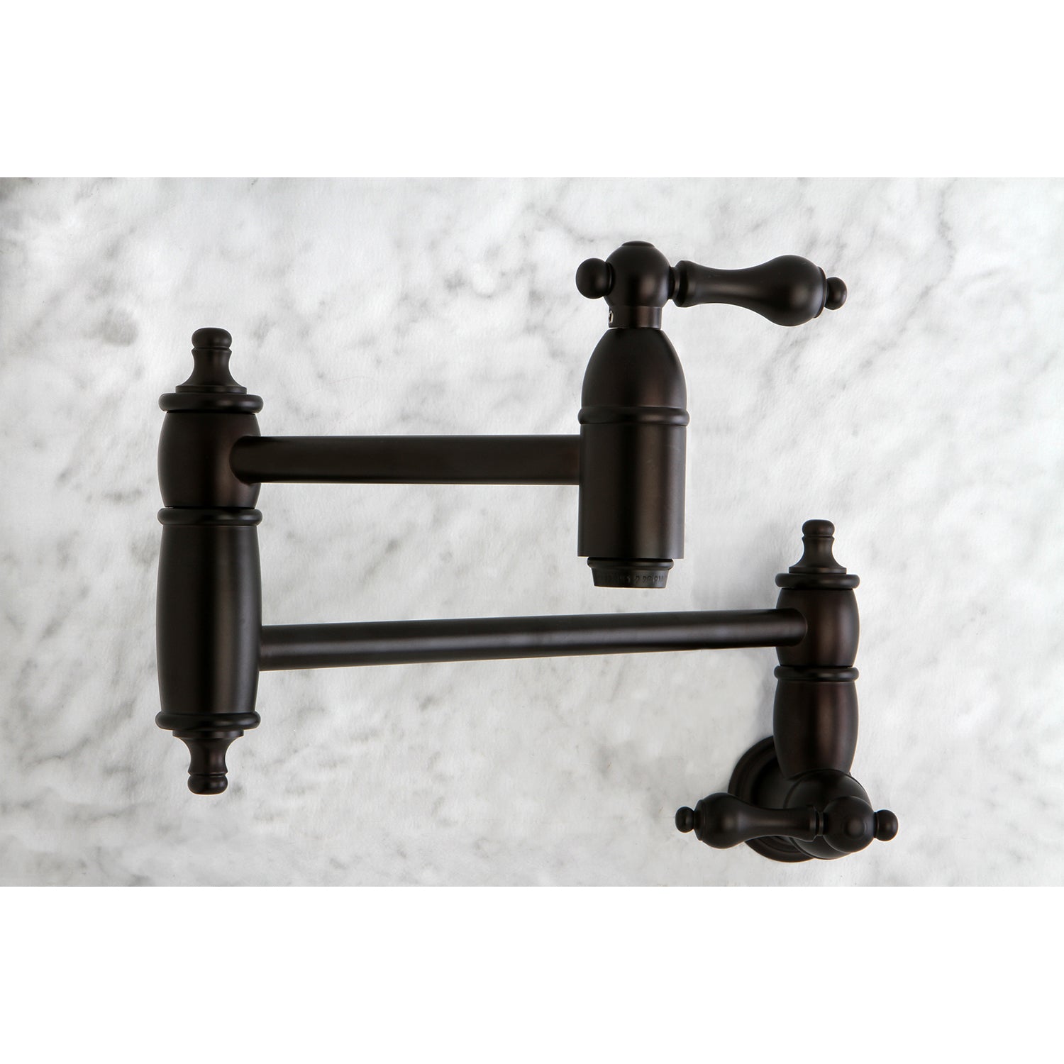 Kingston Brass KS3103AL Restoration Wall Mount Pot Filler Faucet, Antique Brass design with swing arms on marble background.
