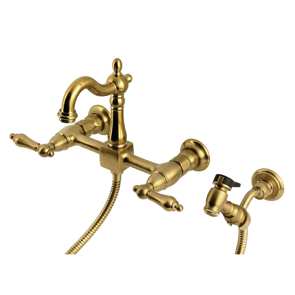 Kingston KS2443ALBS Heritage Two-Handle Wall Mount Bridge Kitchen Faucet with Brass Sprayer, Antique Brass