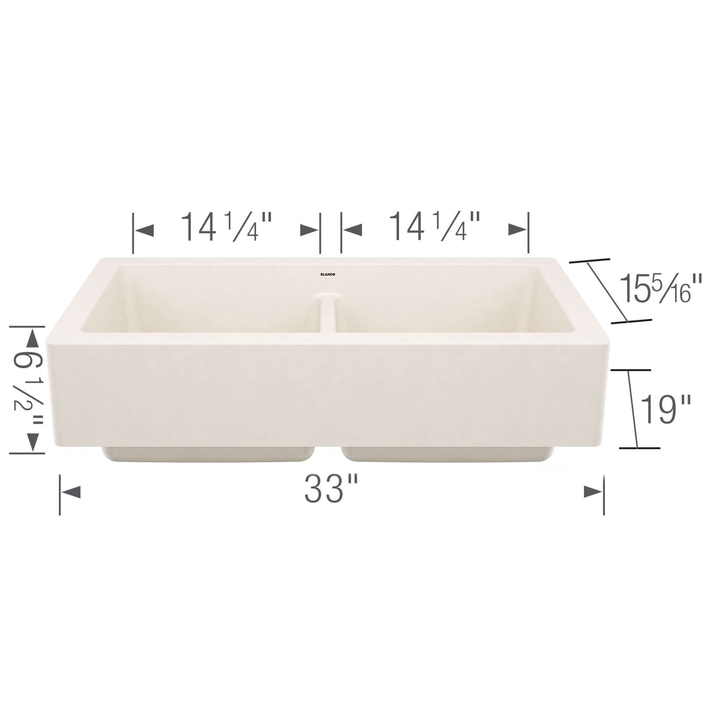 BLANCO VINTERA 33" SILGRANIT Double Bowl Farmhouse Sink dimensions illustration