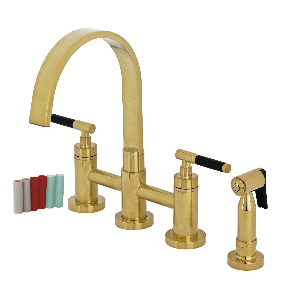 Kingston KS8267CKLBS Kaiser Bridge Kitchen Faucet with Brass Sprayer, Brushed Brass and neoprene handles.