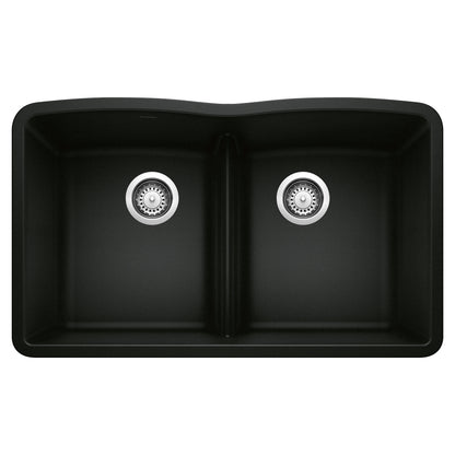 BLANCO Diamond SILGRANIT 32" 50/50 Double Bowl Undermount Kitchen Sink with Low Divide top view showing equal bowls.
