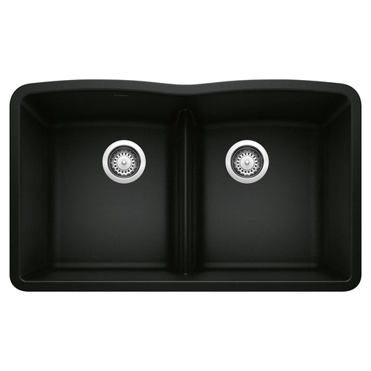 BLANCO Diamond SILGRANIT 32" 50/50 Double Bowl Undermount Kitchen Sink with Low Divide top view showing equal bowls.