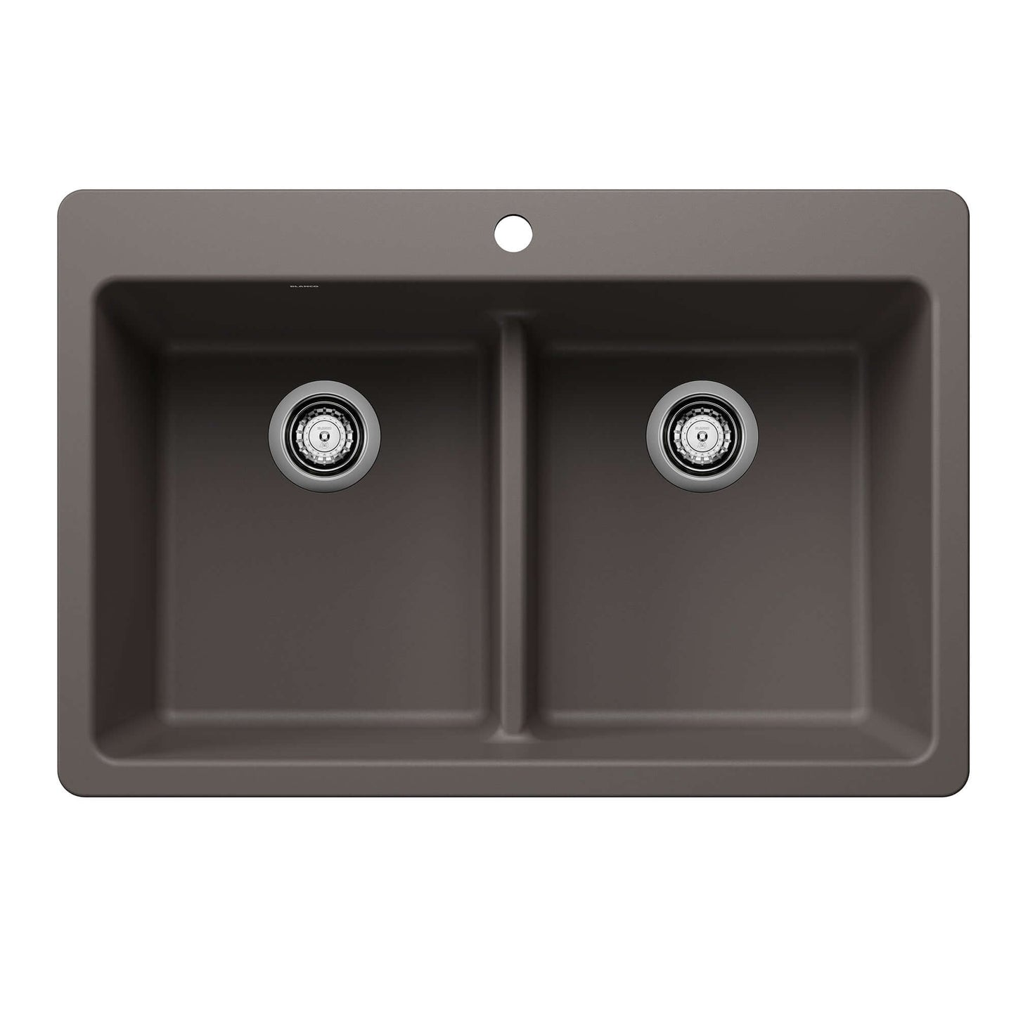 BLANCO Liven SILGRANIT 33" 50/50 Double Bowl Dual Mount Kitchen Sink with Low Divide in brown finish.
