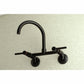 Kingston Brass KS814SB Concord Wall Mount Bridge Kitchen Faucet in elegant black finish on a textured wall.