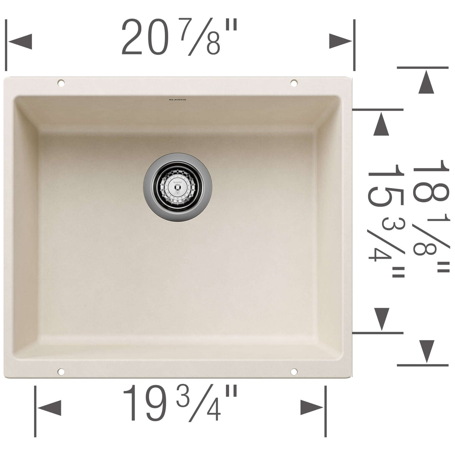 BLANCO Precis SILGRANIT 21" Single Bowl Undermount Kitchen Sink with dimensions and compact design.
