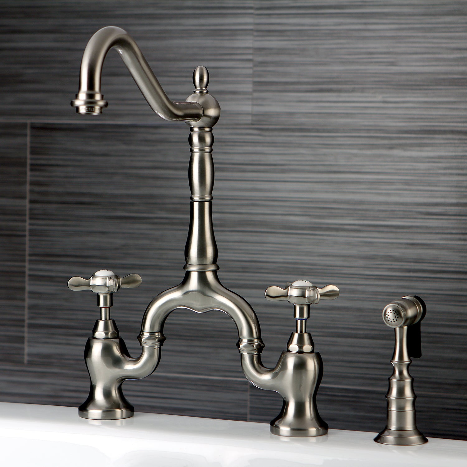 Kingston KS7758BEXBS Essex Bridge Kitchen Faucet with Brass Sprayer, Brushed Nickel