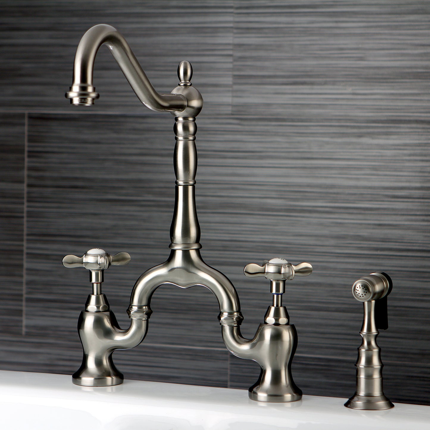 Kingston KS7758BEXBS Essex Bridge Kitchen Faucet with Brass Sprayer, Brushed Nickel
