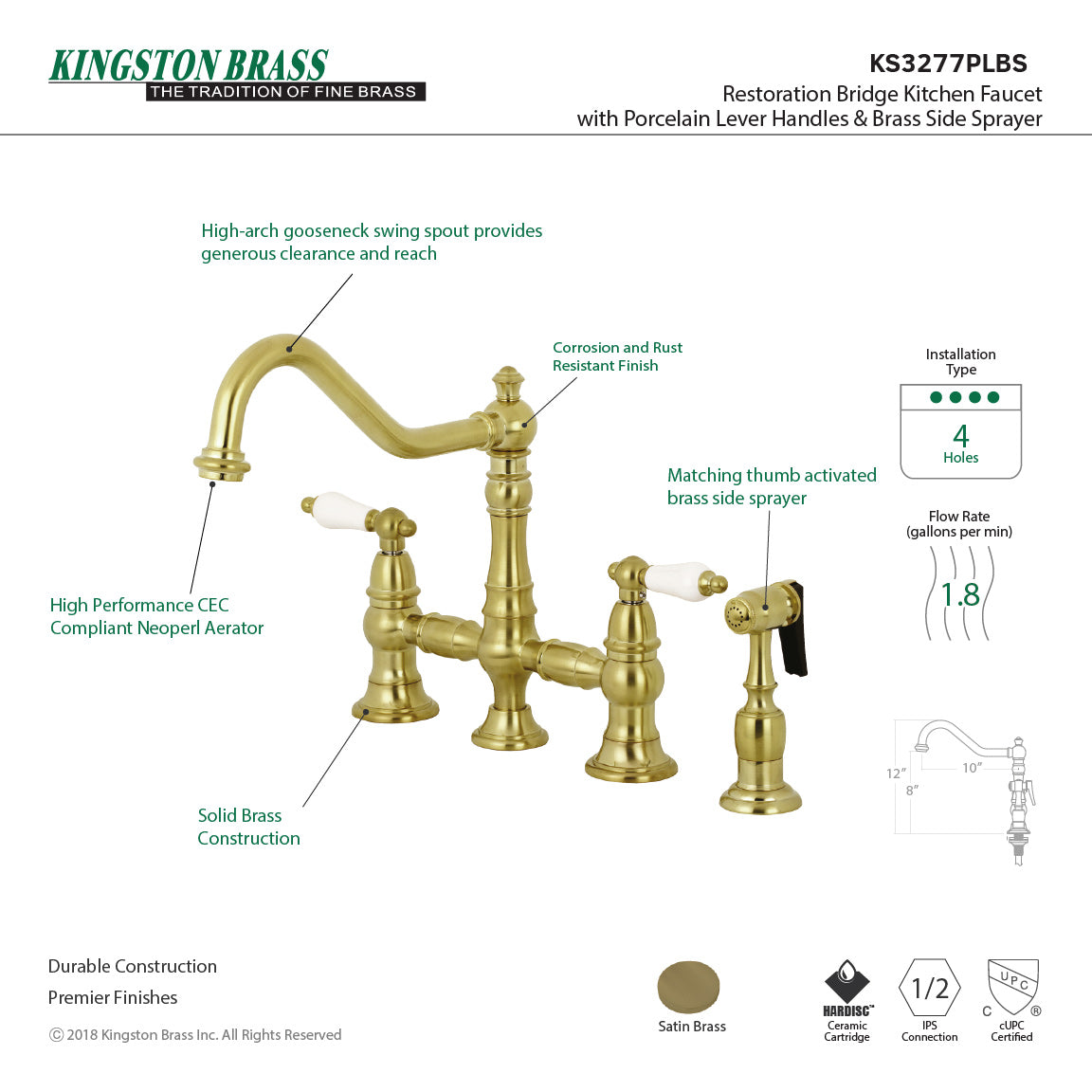 Kingston KS3277PLBS Restoration Bridge Kitchen Faucet with Brass Sprayer, Brushed Brass kitchen faucet with gooseneck spout and side sprayer