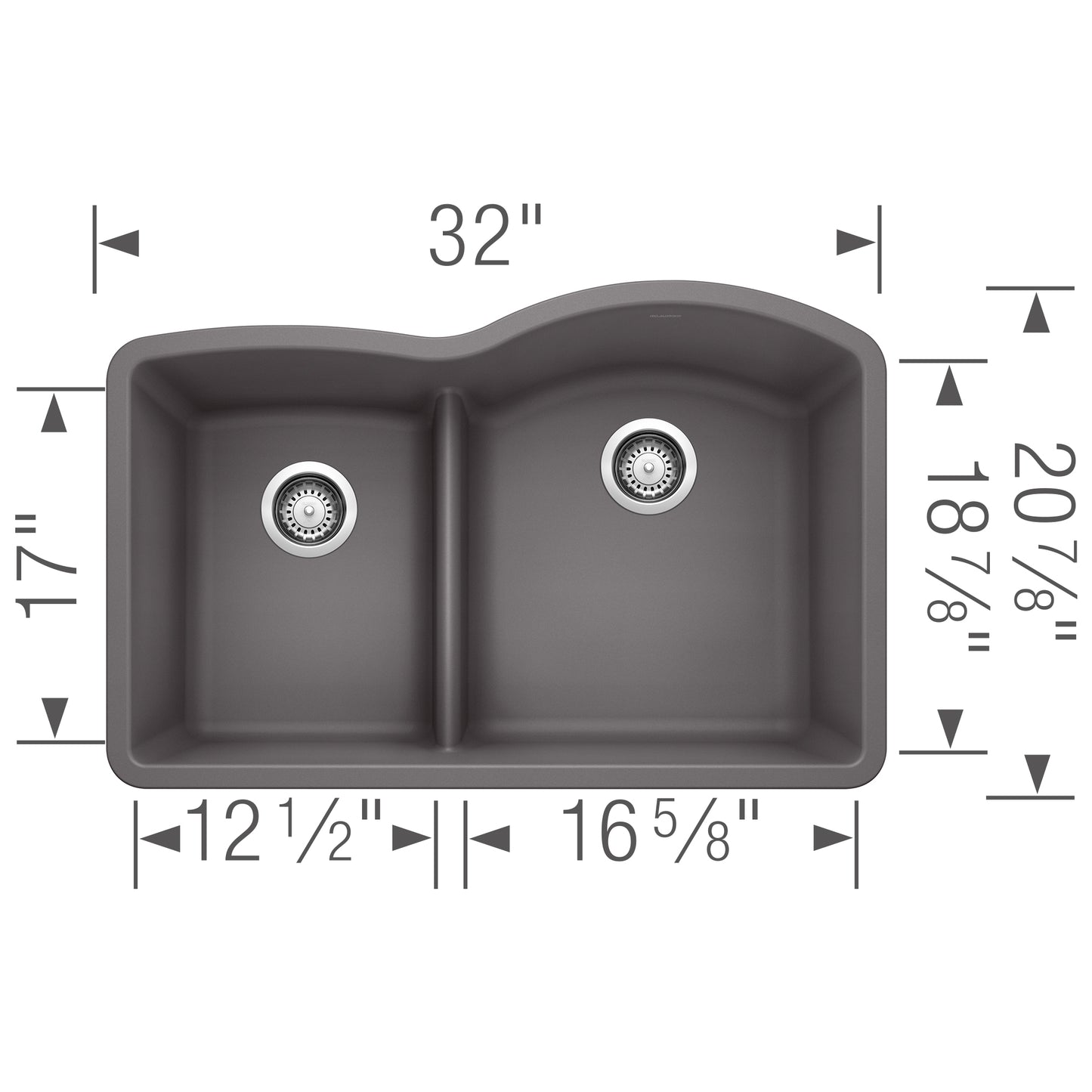 BLANCO Diamond SILGRANIT 32" 40/60 Reverse Double Bowl Undermount Kitchen Sink with Low Divide top view dimensions