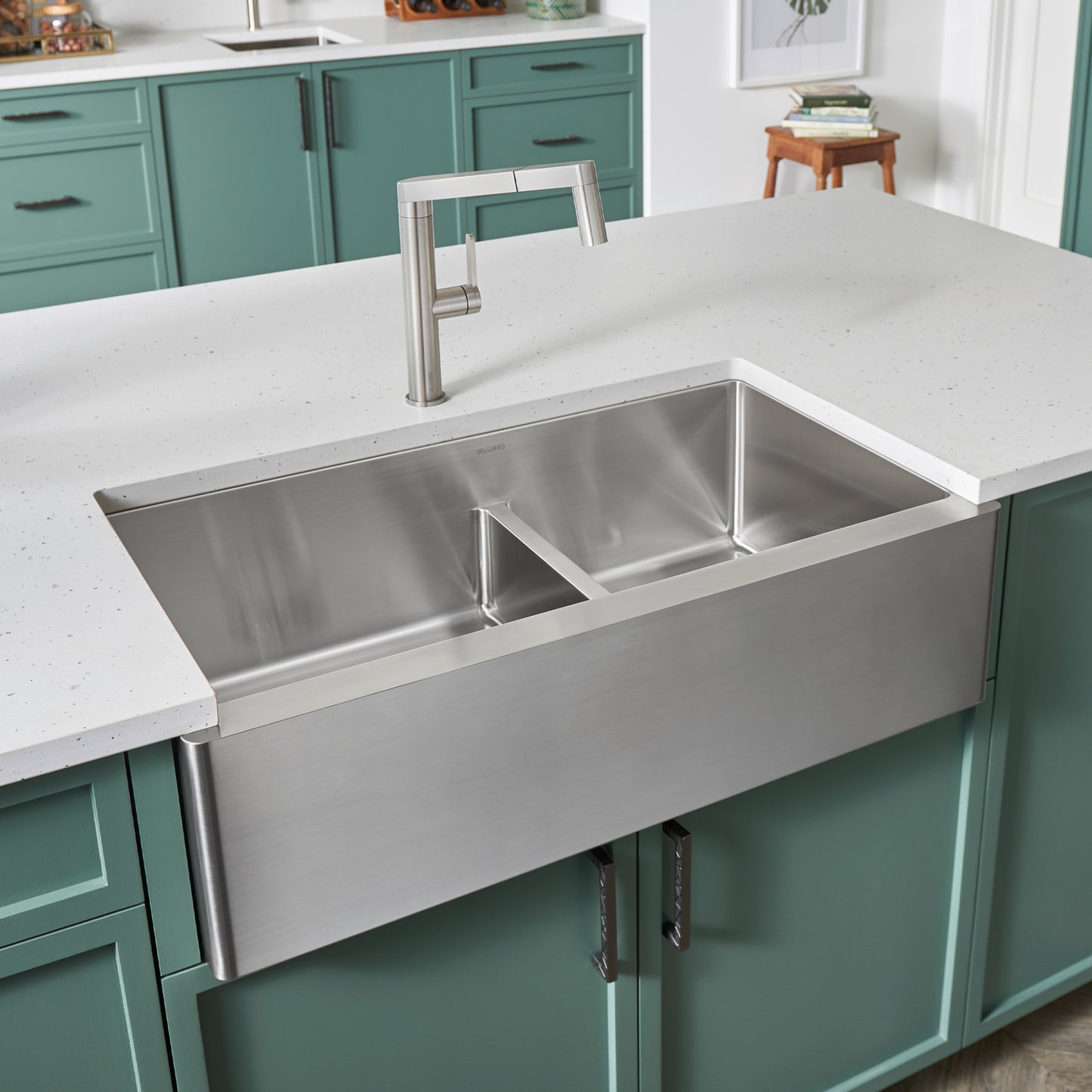 BLANCO Quatrus R15 33" 60/40 Double Bowl Apron-Front Stainless Steel Farmhouse Sink with Low Divide in modern kitchen
