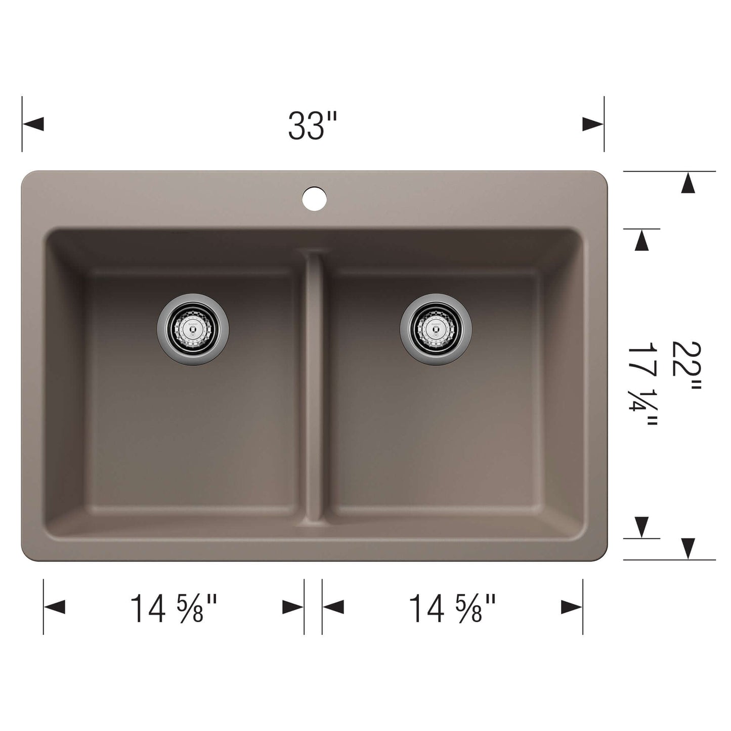 BLANCO Liven SILGRANIT 33" 50/50 Double Bowl Dual Mount Kitchen Sink with Low Divide dimensions and layout.