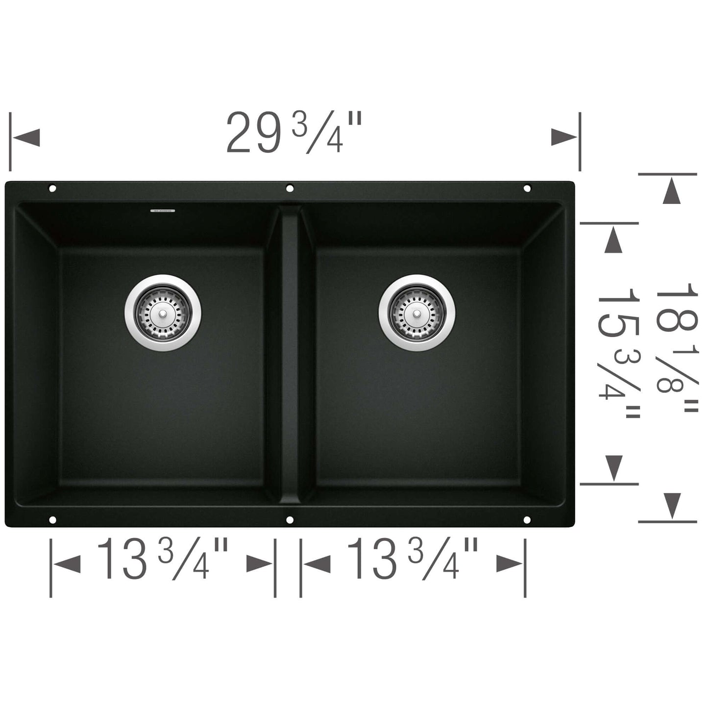 BLANCO Precis SILGRANIT 29" 50/50 Double Bowl Undermount Kitchen Sink dimensions layout with measurements.