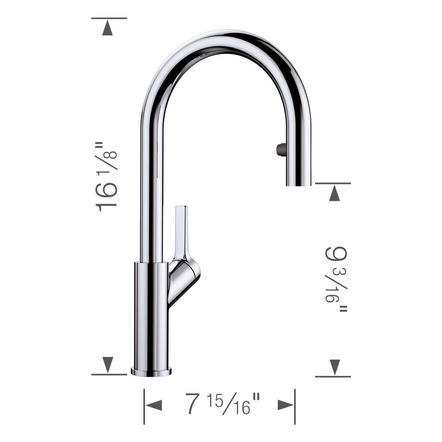 BLANCO Urbena Pull-Down Dual-Spray Kitchen Faucet dimensions illustration with measurements.
