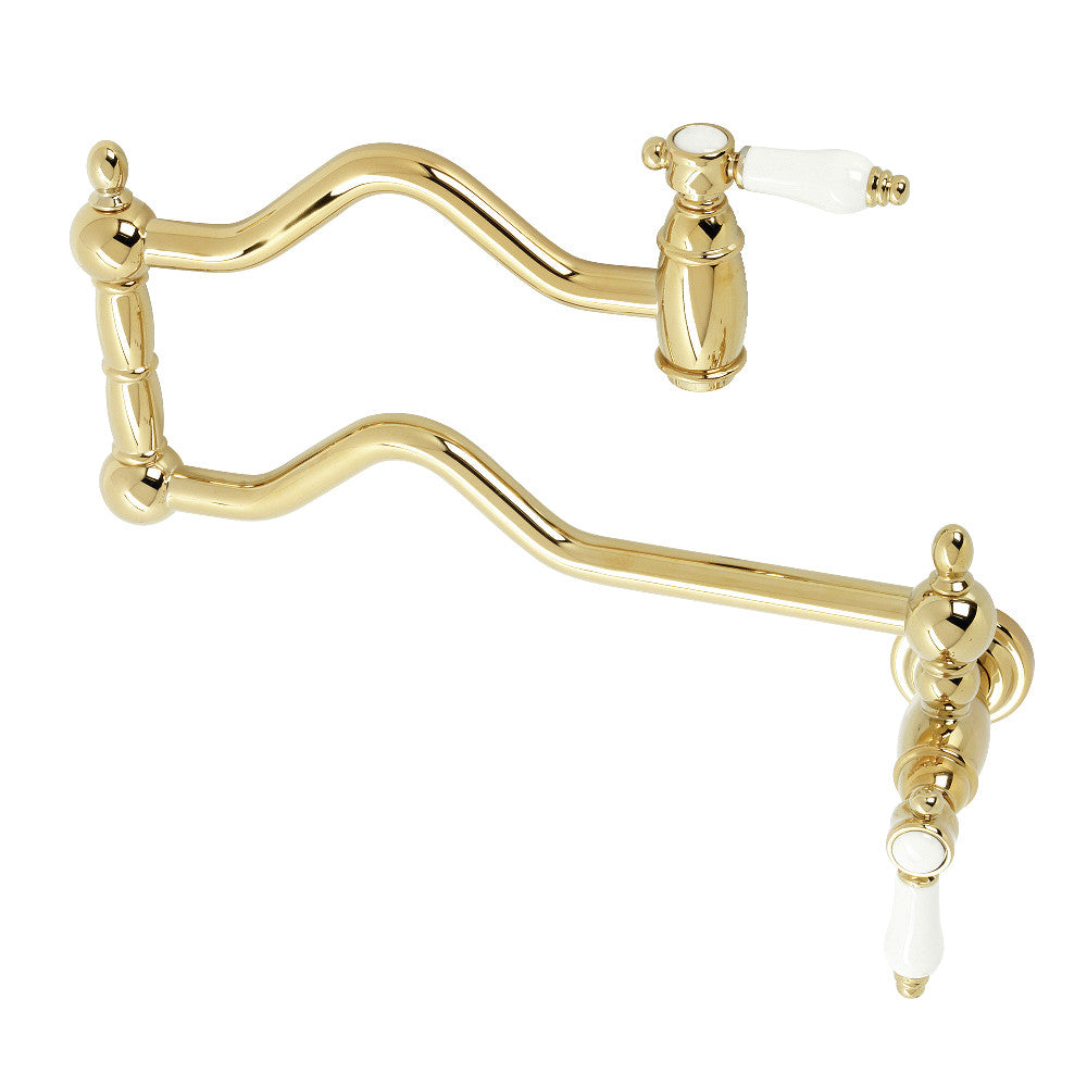 Kingston Brass KS2107BPL Bel-Air Wall Mount Pot Filler Faucet, Brushed Brass with white porcelain levers and swing arms.