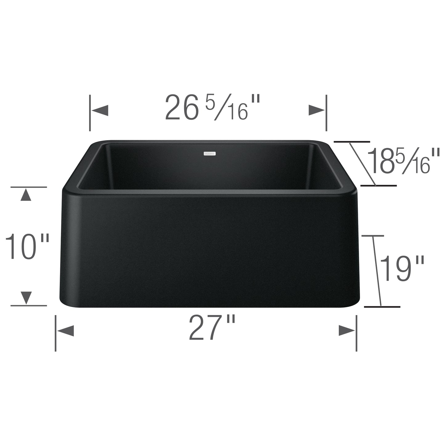 BLANCO Ikon SILGRANIT 27" Single Bowl Apron-Front Farmhouse Sink dimensions diagram showing measurements.