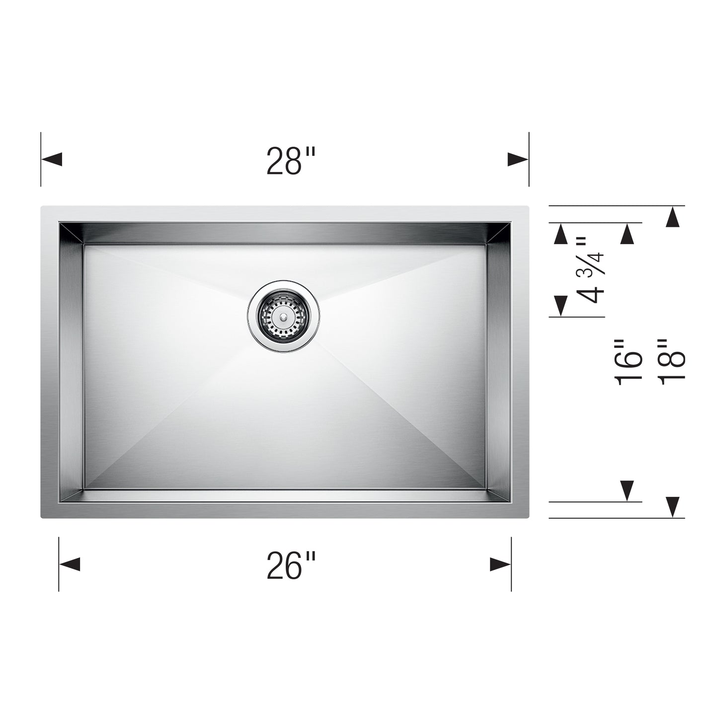 BLANCO Quatrus R0 28" Single Bowl Undermount Stainless Steel Kitchen Sink dimensions 28" x 26" x 16"