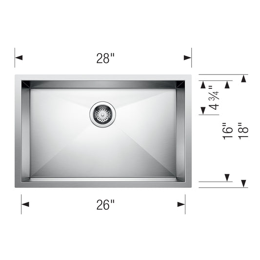 BLANCO Quatrus R0 28" Single Bowl Undermount Stainless Steel Kitchen Sink dimensions 28" x 26" x 16"