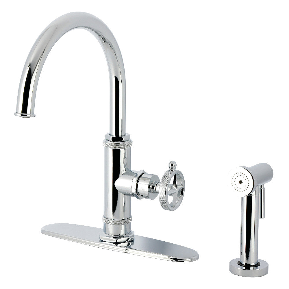 Kingston Brass KSD2433RNK Levante Single-Handle Kitchen Faucet, Antique Brass with side spray and chrome finish