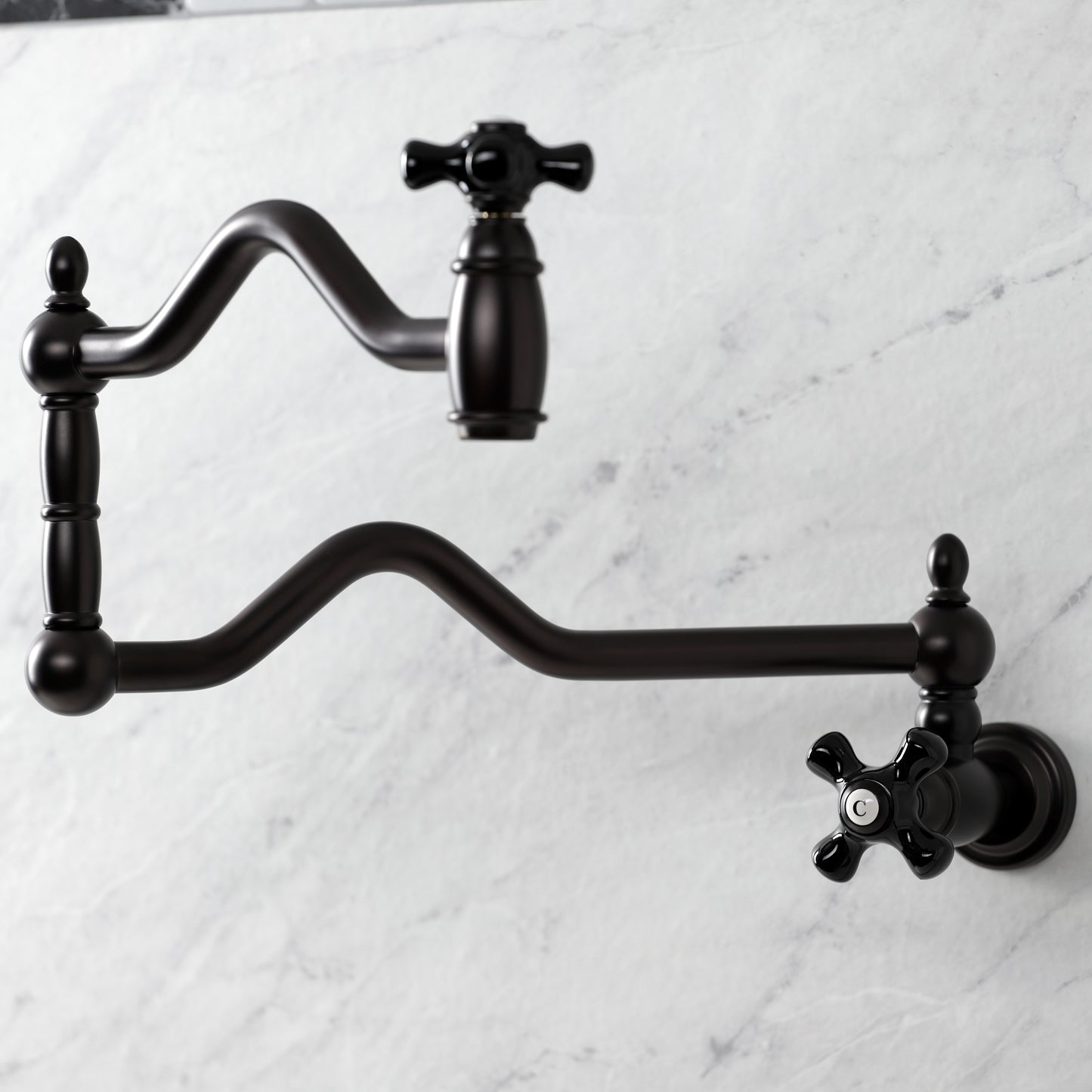 Kingston Brass KS2107PKX Duchess Wall Mount Pot Filler Faucet, Brushed Brass, featuring elegant black porcelain handles