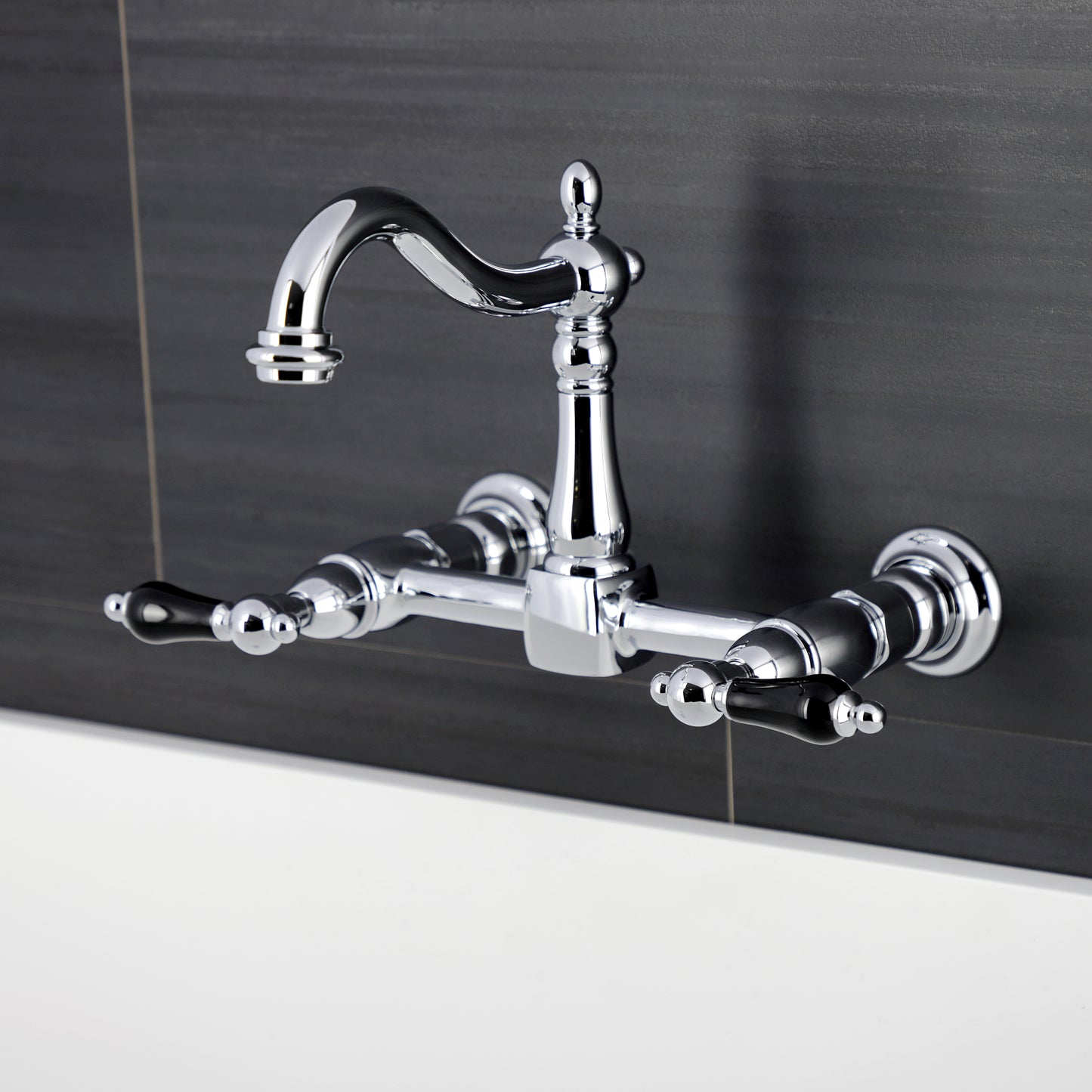 Kingston KS1263PKL Duchess Two-Handle Wall Mount Bridge Kitchen Faucet, Antique Brass with glossy chrome finish