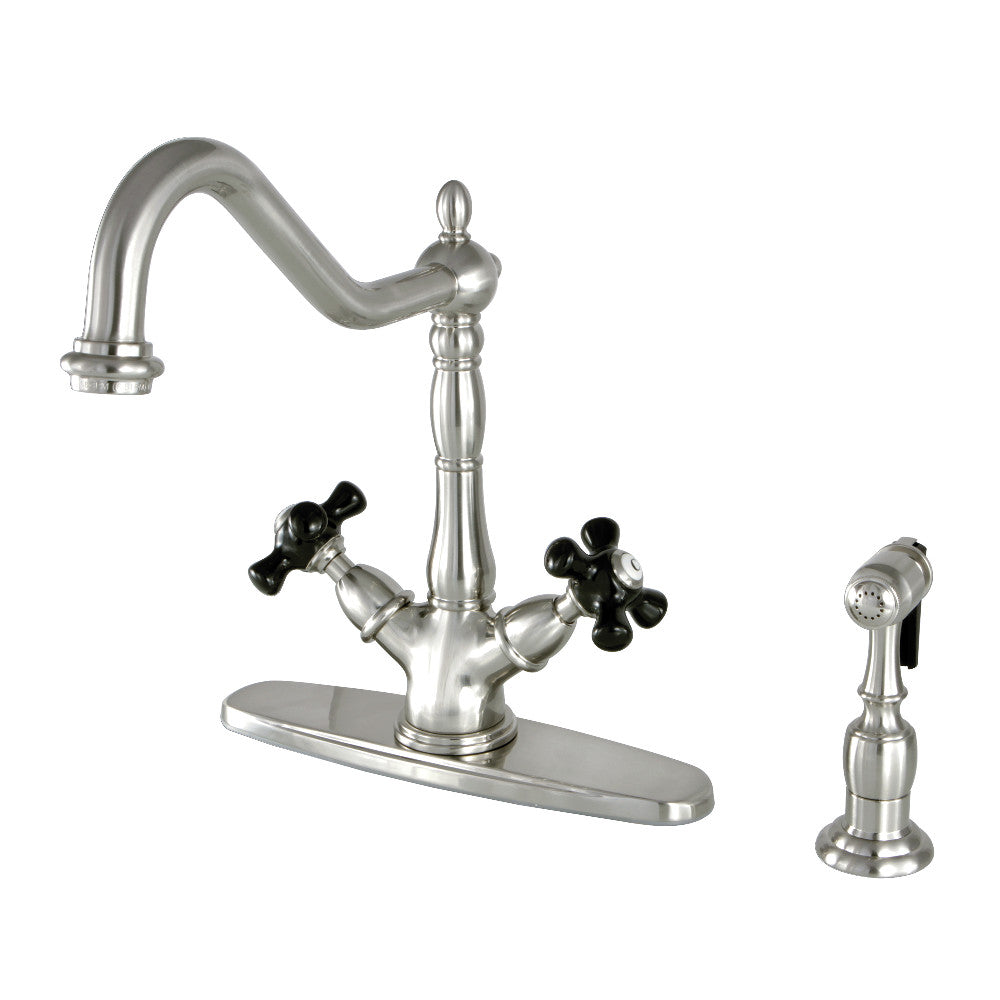 Kingston KS1238PKXBS Duchess Two-Handle Kitchen Faucet with Brass Sprayer, Brushed Nickel, featuring black porcelain handles.